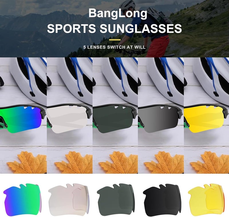 BangLong Polarized Sports Sunglasses Cycling Sun Glasses for Men Women with 5 Interchangeable Lenes for Running Baseball Golf - Image 2